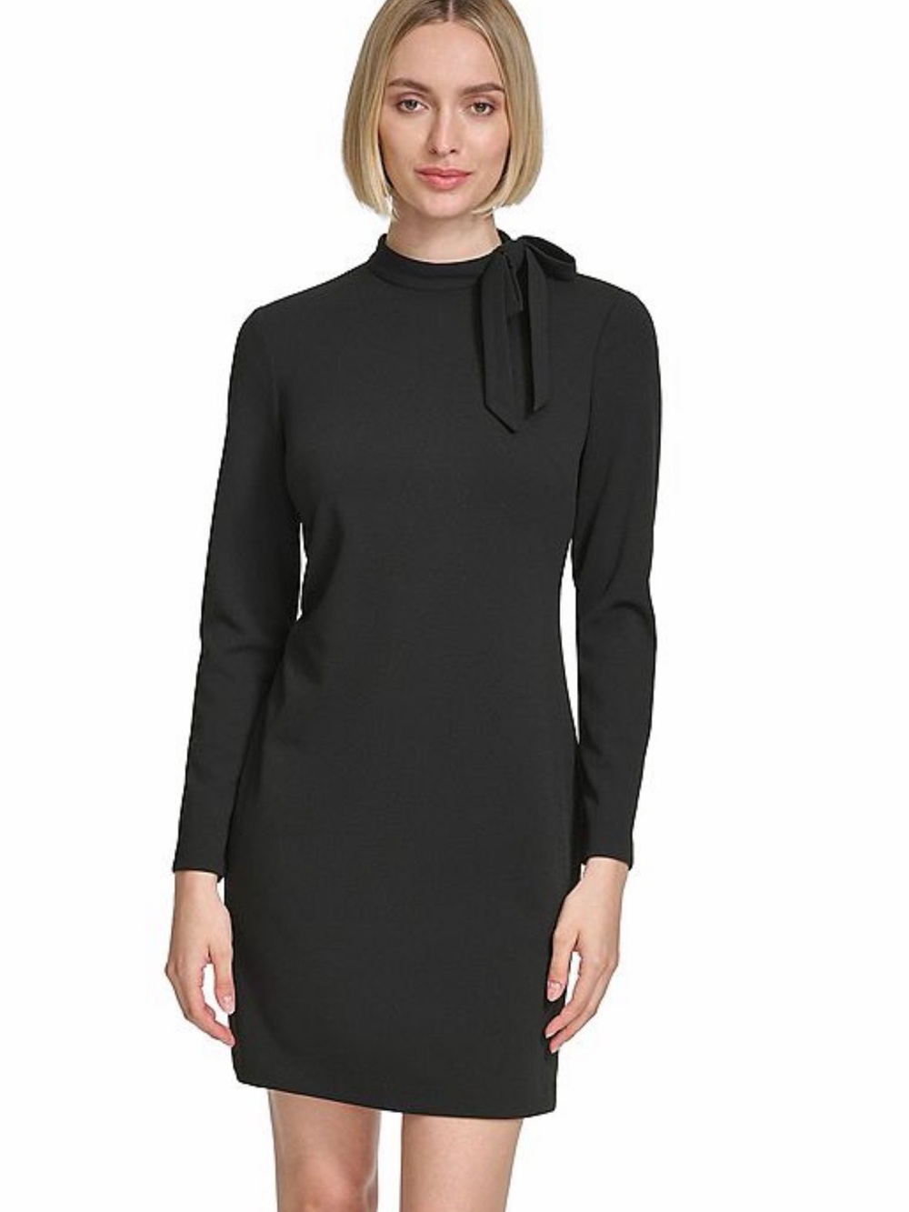 Andrew Marc Black Long Sleeve Tie-Neck Shift Dress